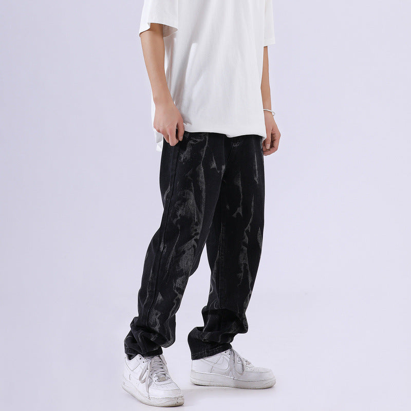 Men Jeans Washed Distressed Baggy Straight Trousers Tie-Dye Gradient Denim Trousers