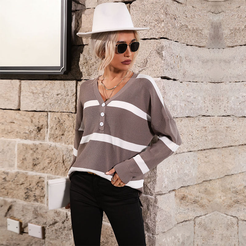 Women Knitted Sweater Autumn Stripes V-neck Pullover Sweater