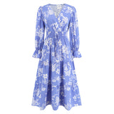 Women Date Dress Autumn and Winter Leisure Floral Print Long Sleeve Lace up Casual Dress Maxi Dress