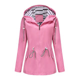 Women's Trench Coat Long-Sleeved Waterproof Mid-Length Trench Coat Women's Hooded Striped Raincoat