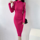 Women Maxi Dress Spring and Autumn Turtleneck Knitting Hip Skirt