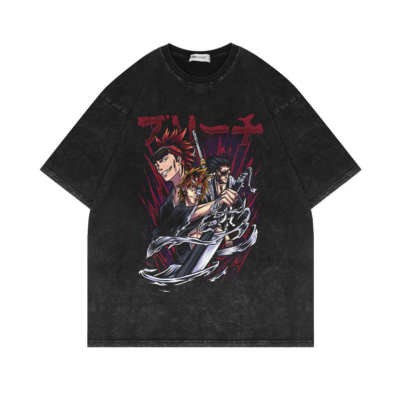 Washed and old short-sleeved T-shirt retro high street loose cotton