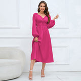 Women Date Dress Slim-Fit Long Sleeve V-neck Lace-up A- line Dress Lantern Sleeve Dress
