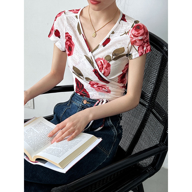 Women T Shirt Flower Print One Piece Strap Short Sleeve T-shirt Top Sun-Proof Shirt