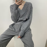 Women Winter Knitted Sweater V-neck Sweater Cable-Knit Sweater Top Spring 8t8113