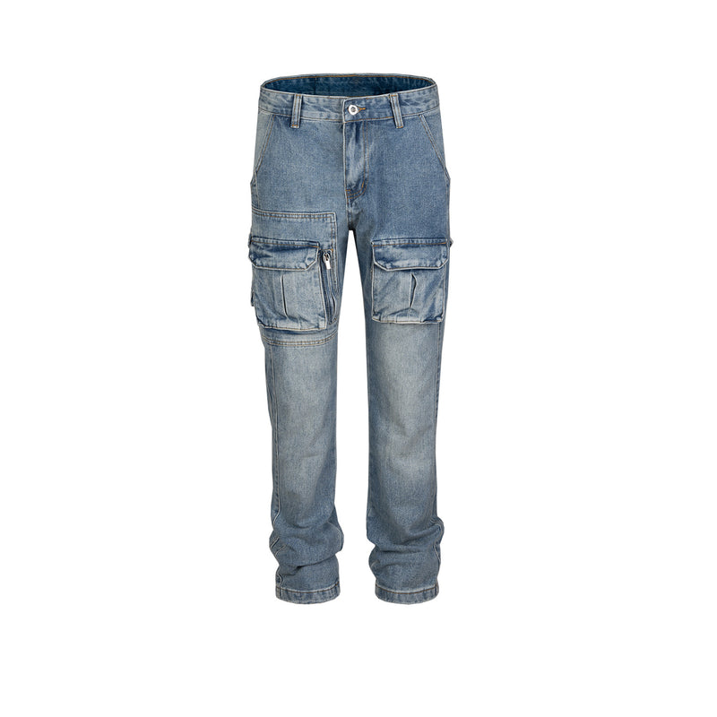 MIJKO Men Vintage Pants MIJKO Pocket Tooling Trousers Washed White Straight Street Jeans