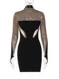Women Dresses Winter Sexy Mesh Slim Fit Long Sleeve Narrow Dress