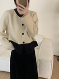 Women Knitted Cardigan Retro Short Knitted Cardigan Loose Color Matching round Neck Sweater Coat