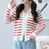 Women Knitwear Autumn and Winter Striped Hooded Sweater Tassel Knitted Cardigan