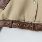 Women Jacket PU Leather Stitching Contrast Color Lapels Jacket