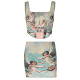 Women Co-Ord Set Vintage Court Church Portrait Printing Vest Skirt Suit