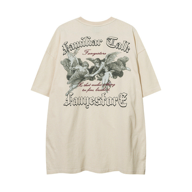 Men T Shirt Angel Print Washed and Worn Short Sleeve T-shirt