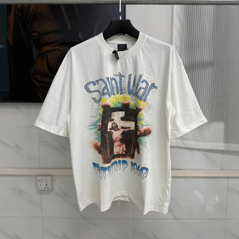 Mens T-shirts Saint Michael cross saint war print short sleeve T-shirt