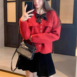 Women Knitted Cardigan Bowknot Decoration Knitwear Winter Loose round Neck Single-Breasted Cardigan
