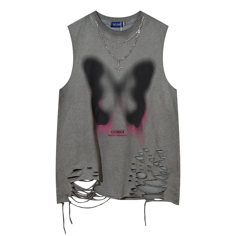 Men Vest Butterfly Graffiti Ripped Necklace Sleeveless T-shirt Vest