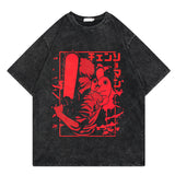 Washed retro T-shirt, chainsaw man cartoon print casual short sleeves
