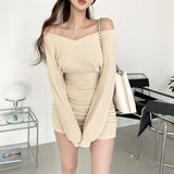 Women Dresses V-neck off-Shoulder Dress Long Sleeve Short Dress Sexy