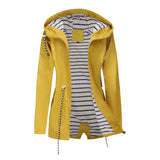 Women's Trench Coat Long-Sleeved Waterproof Mid-Length Trench Coat Women's Hooded Striped Raincoat