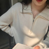 Women Knitwear Fall and Winter Lapels Zipper Sweater Loose Sweater