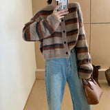 Women Knitted Cardigan Striped Long Sleeve Knitted Cardigan Autumn and Winter Sweater