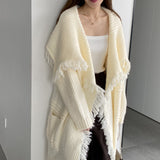 Women Cardigan Sweater Lapel Tassel Thick Coat Autumn and Winter Loose-Fitting Long Sleeve Sweater W2360
