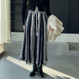 Women Knitted Skirt Black and White Striped Dress Tassel Knitted Skirt