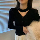 Women Knitted Cardigan Puff Sleeve Sweater Fall V-neck Top