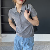 Women Knitted T-shirt Knitted Cardigan Jacket Slim Fit Short Sleeve Polo Collar Top