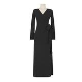 Women Dresses V-neck Bow Long Sleeve Dress