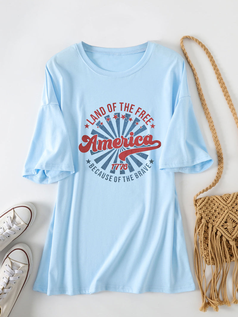 Loose Crew Neck Short Sleeve Land of the Free America 1776 Summer T-Shirt