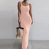 Women Dresses Summer U-Neck Split Sling Dress (Bla0420)