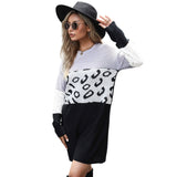 Women Knitted Sweater Autumn and Winter Leisure Women's Loose Long Sleeve Leopard Print Contrast Color Woolen Skirt