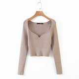 Women Sweater Knitwear Vintage Low-Neck Sweater Spring and Autumn Long Sleeve Short Top