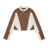 Women Jacket Color Matching PU Leather Short Coat Motorcycle Clothing Jacket