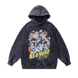 Men Hoodie Butterfly Graffiti Printing Fleece-Lined Washed Loose Couple Hooded Sweater Men