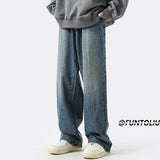 Men Jeans Loose Straight Casual Trousers Ancient Washed Distressed Wide-Leg Pants