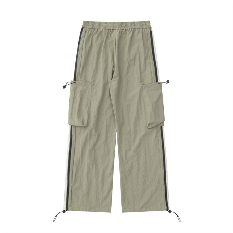 Men Sweatpants Workwear with Pocket Casual Trousers Men's Side Webbing Sports Loose Wide Leg Drawstring Jogger Pants