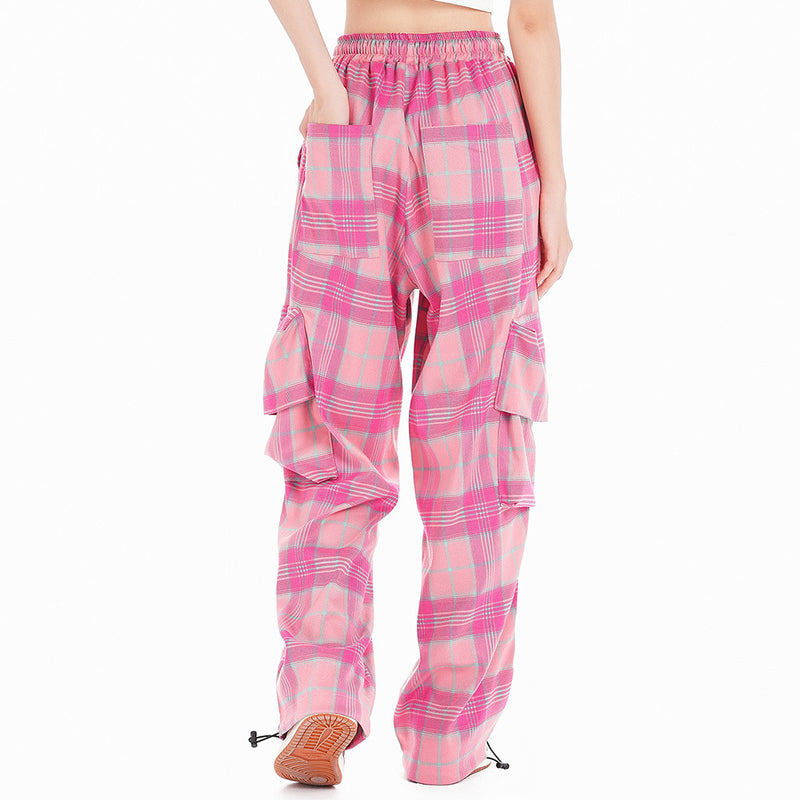 Women Pants Plaid Workwear Casual Pants Loose Trousers Elastic Waist Drawstring Ankle Banded Pants