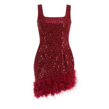 Women Dresses Sequin Sling Dress Sexy Sleeveless Square Collar Hip Skirt (Zns0409)