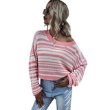 Women Knitted Sweater Autumn Crew Neck Long Sleeve Bottoming Sweater Short Striped Sweater