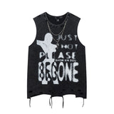 Men Vest Letter Graffiti Washed Make Old Ripped Sleeveless T-shirt