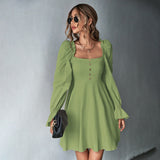 Women Dress Puff Sleeve Square Collar Long Sleeve Dress