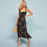 Robe Bridgerton Black Flower Print Overknee Mid-Length Slim Strap Dress