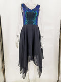 Women Evening Gown Sexy Retro Chiffon Stitching Green Sequins Dress