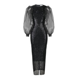 Harlem Night Attire round Neck Lantern Sleeve Stretch Sequined Party Mid-Length Dress