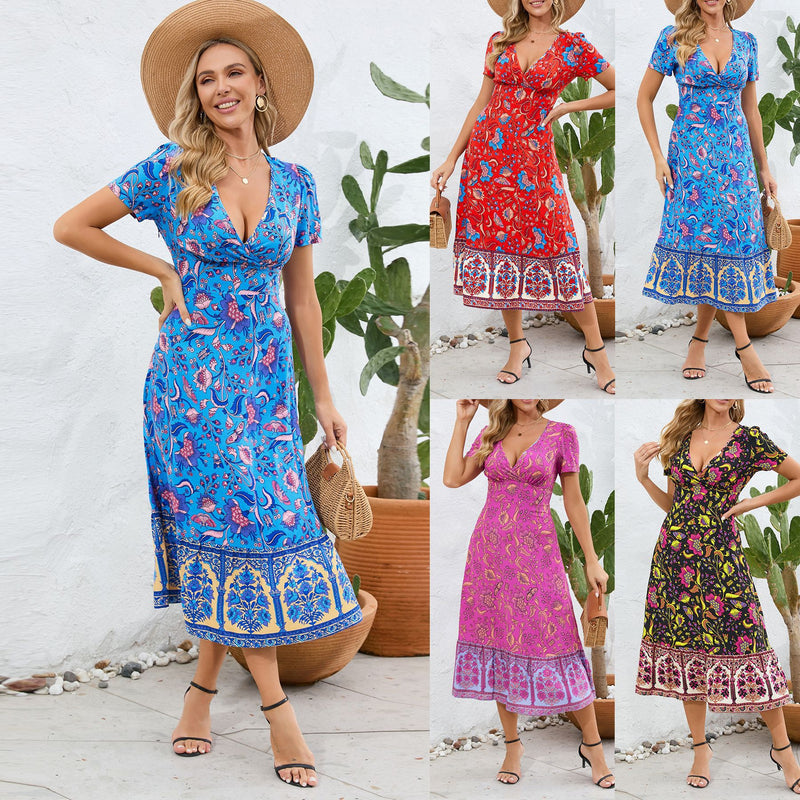 Women Date Dress Floral Dress Short Sleeve V-neck Bohemian A- line Skirt