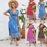 Women Date Dress Floral Dress Short Sleeve V-neck Bohemian A- line Skirt