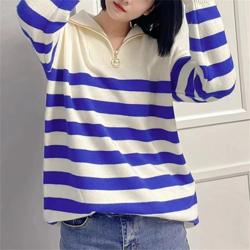 Women Knitwear Autumn and Winter Striped Lapel Knitwear Loose Sweater