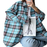 Women Trench Coat Winter Retro Plaid Long Sleeve Shirt Loose Casual Jacket