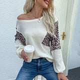 Women Knitted Sweater Autumn Loose round Neck Base Leopard Splicing